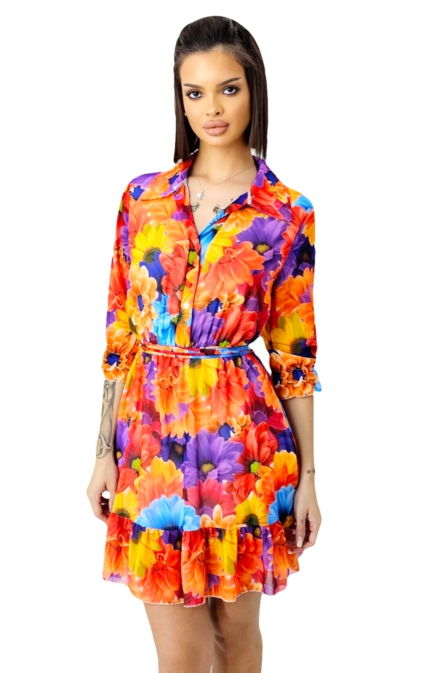 Rochie de vara Kasiana, cu maneca trei sferturi si imprimeu floral, Portocaliu Gerbera, Marime S/M/L