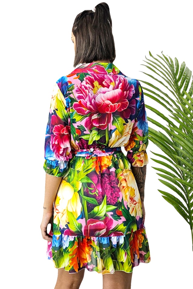 Rochie de vara Kasiana, cu maneca trei sferturi si imprimeu floral, Dahlia multicolor, Marime S/M/L - 1 | YEO