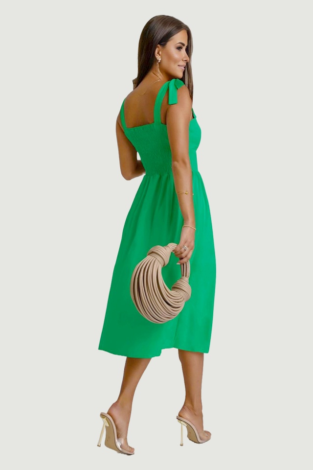 Rochie de vara MYA Masha, cu bretele legate funda si imprimeu uni, Verde, Marime S/M - 1 | YEO