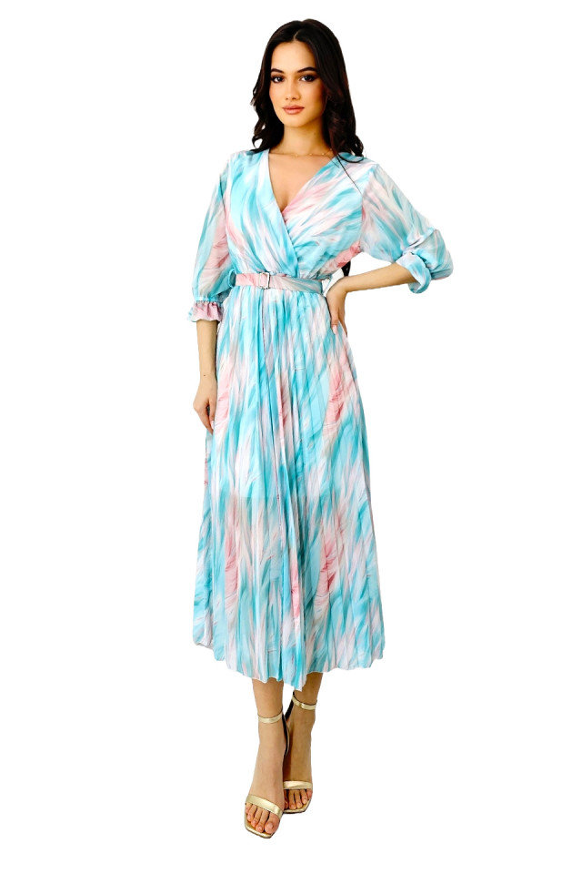 Rochie de zi Fatima, croiala plisata si imprimeu pastelat, Turquoise, Marime S/M