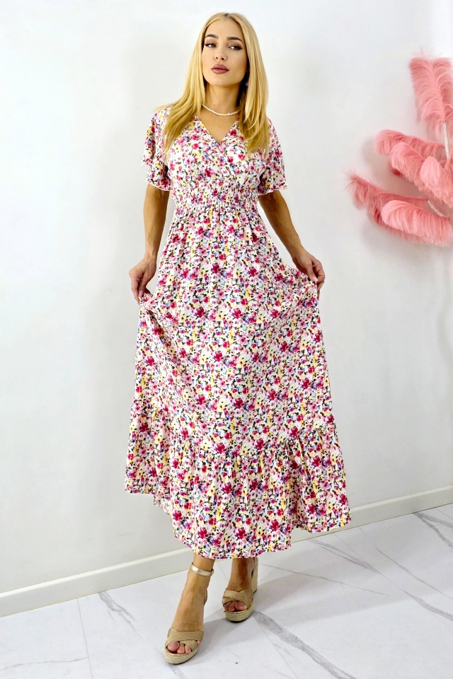 Rochie de zi Mandinga, din bumbac, cu imprimeu floral, Rosu Petunia