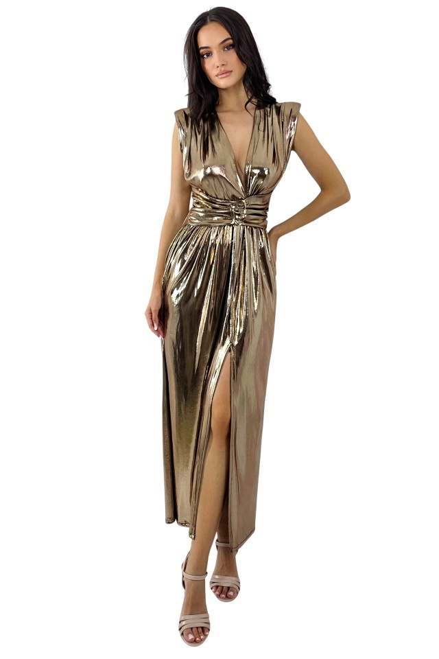 Rochie eleganta, aspect metalic Demetra, cu slit amplu, Auriu, Marime S/M