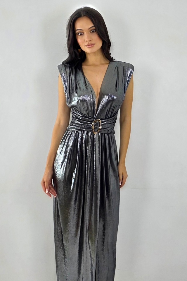 Rochie eleganta cu aspect metalic Demetra si accesoriu chic, Argintiu, Marime S/M - 3 | YEO
