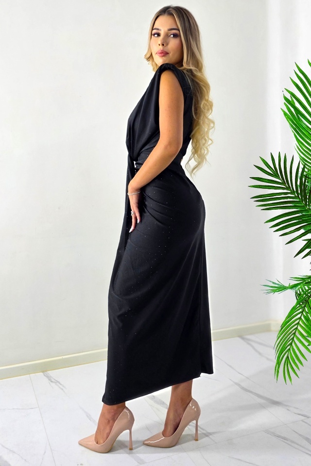 Rochie eleganta JHOSY, cu cristale negre si decolteu, Negru, Marime S/M