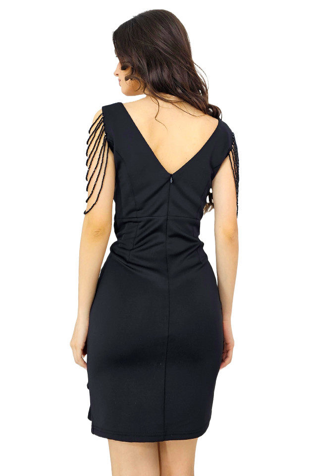 Rochie eleganta Larisa, cu siraguri din cristale si falduri decorative, Negru