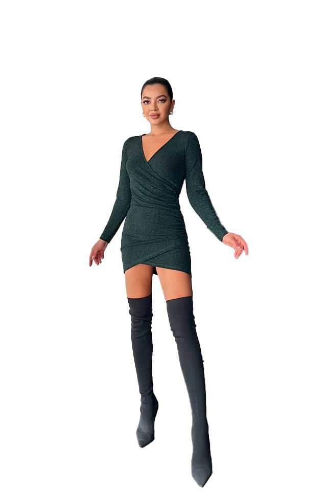 Rochie eleganta Liuba, cu croiala asimetrica, bodycon si fronseuri, Verde - 3 | YEO