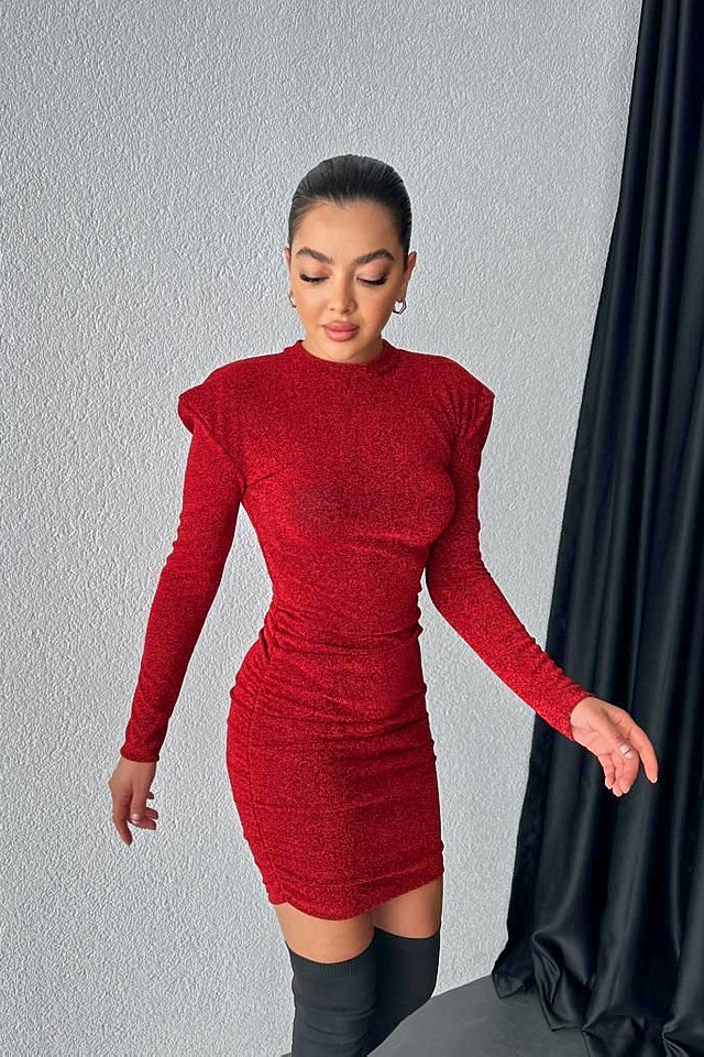 Rochie eleganta MiraBELL, bodycon si croi cu umeri supradimensionati, Rosu