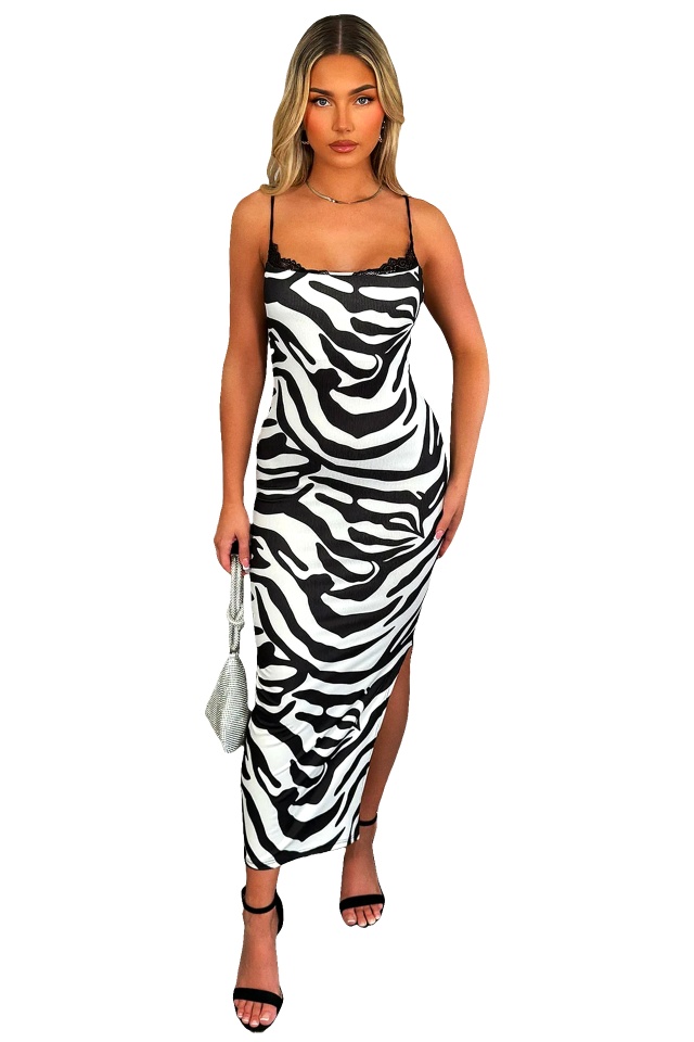 Rochie eleganta SUAVE, imprimeu animal print si insertii cu dantela, Zebra, Marime S/M