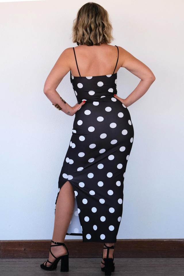 Rochie eleganta SUAVE, imprimeu cu buline si insertii din dantela, Marime S/M