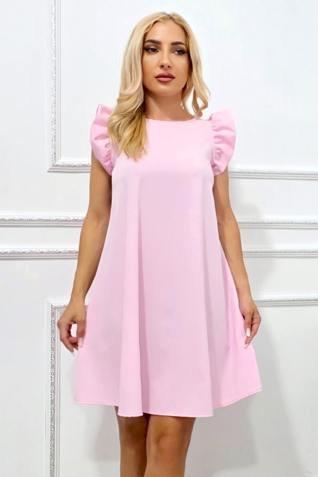 Rochie evazata scurta Azzuro, cu volanase la umeri, Roz pal, Marime universala S/M/L