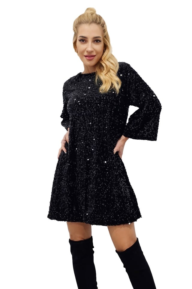 Rochie evazata scurta Tamina, cu paiete si fundita oversize la spate, Negru, Marime S/M