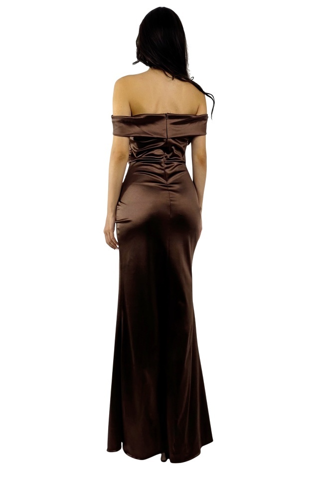 Rochie lunga de banchet DHALIA, cu efect satinat si crapatura, Brown Chocolate