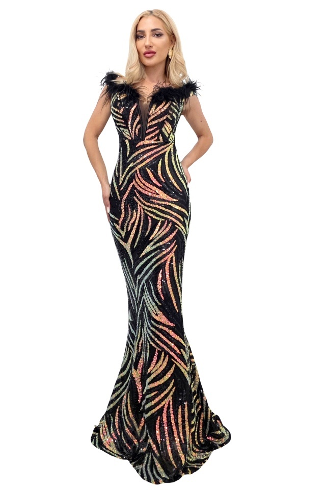 Rochie lunga de ocazie VaLLia, croi sirena, cu paiete multicolore si pene, Negru