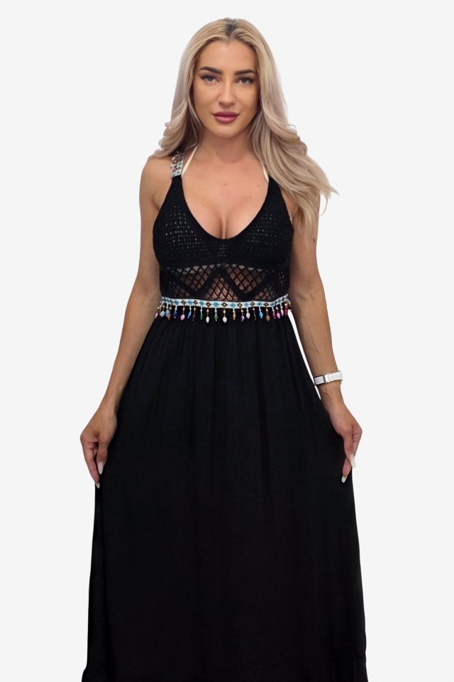 Rochie lunga de plaja TWINA, cu aspect crosetat si margele, Negru - 3 | YEO