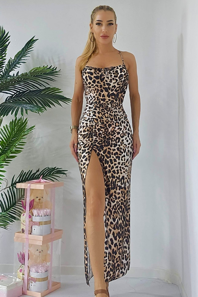 Rochie lunga Isabela cu spatele gol si snururi decorative, Leopard, Marime S/M