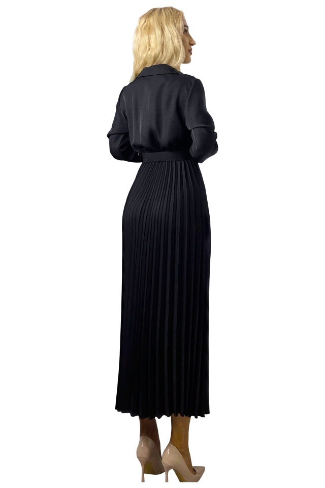 Rochie lunga office NOVARA, curea asortata si revere, Negru, Marime S/M
