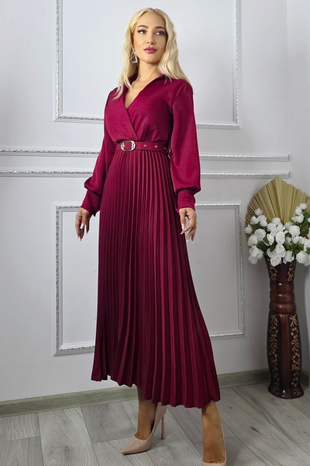 Rochie lunga plisata NOVARA, curea asortata si revere, Rosu Magenta, Marime S/M