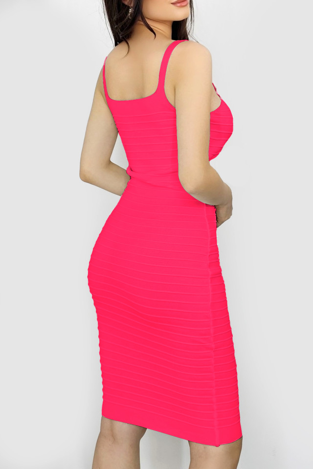 Rochie midi Chick, croiala conica, cu bretele subtiri si lant decorativ, Fucsia, Marime universala S/M - 2 | YEO