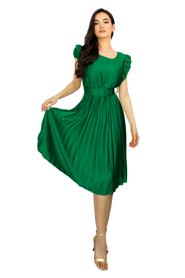 Rochie plisata midi, Elenor, cu volanase si curea asortata, Verde smarald, Marime universala S/M