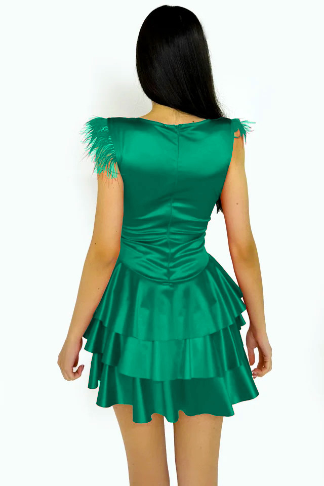 Rochie satinata Anisia, cu volane, detaliu din pene si decolteu adanc, Verde brad, Marimea S/M - 1 | YEO