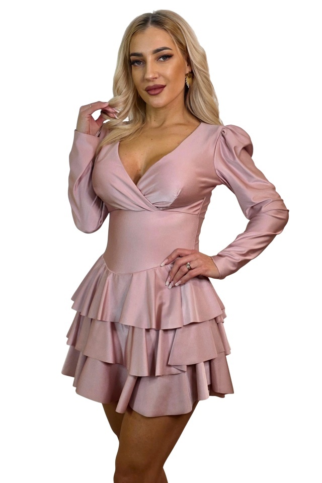 Rochie satinata Claire, cu volane si maneci lungi, bufante, Roze, Marime universala S/M
