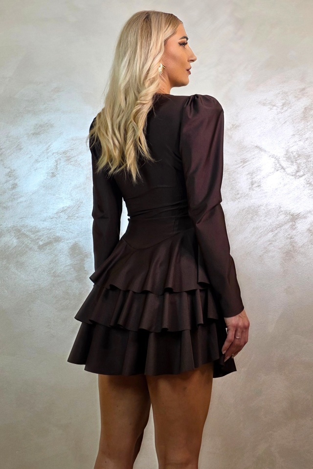 Rochie satinata Claire, cu volane si maneci lungi, Maro Ciocolata, Marime universala S/M