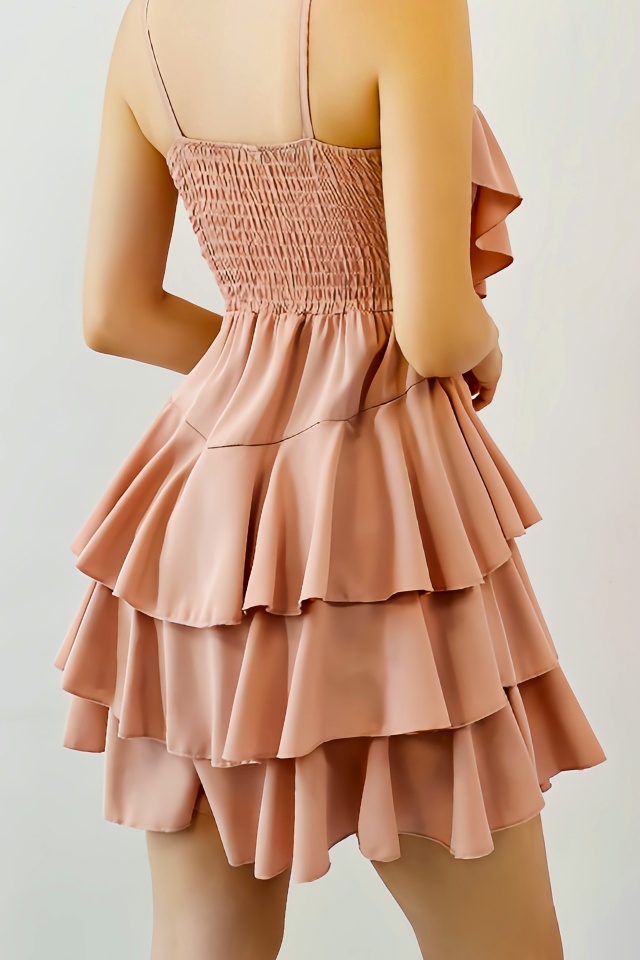 Rochie scurta AUGUSTina, babydoll cu volane asimetrice, Roz prăfuit, Marime S/M