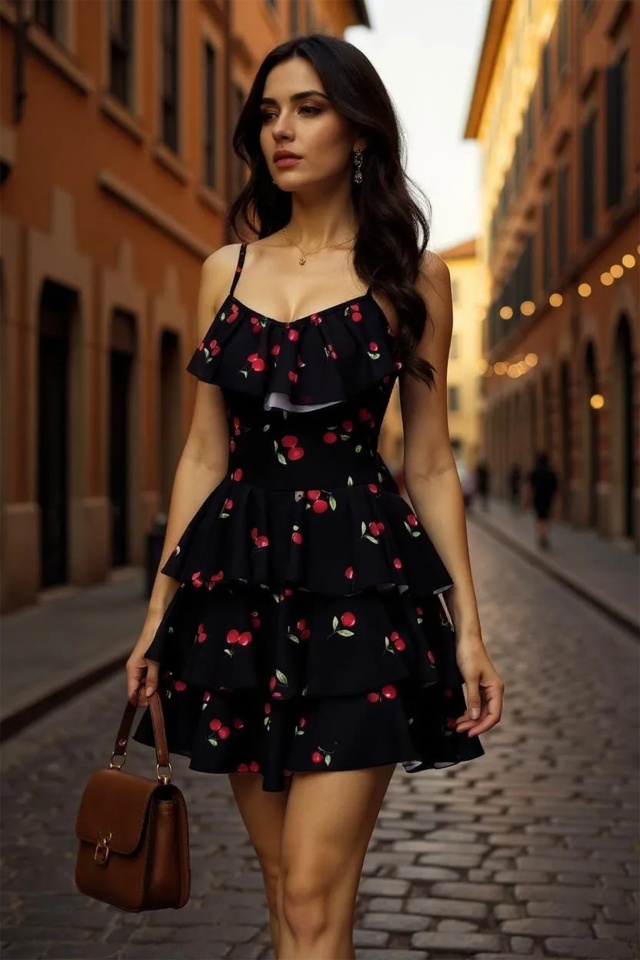 Rochie scurta AUGUSTina, babydoll, cu volane si print cirese, Negru/Rosu - 3 | YEO