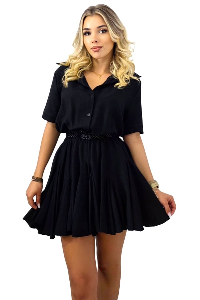 Rochie scurta, casual Peony, cu volane si revere, Negru, Marime S/M