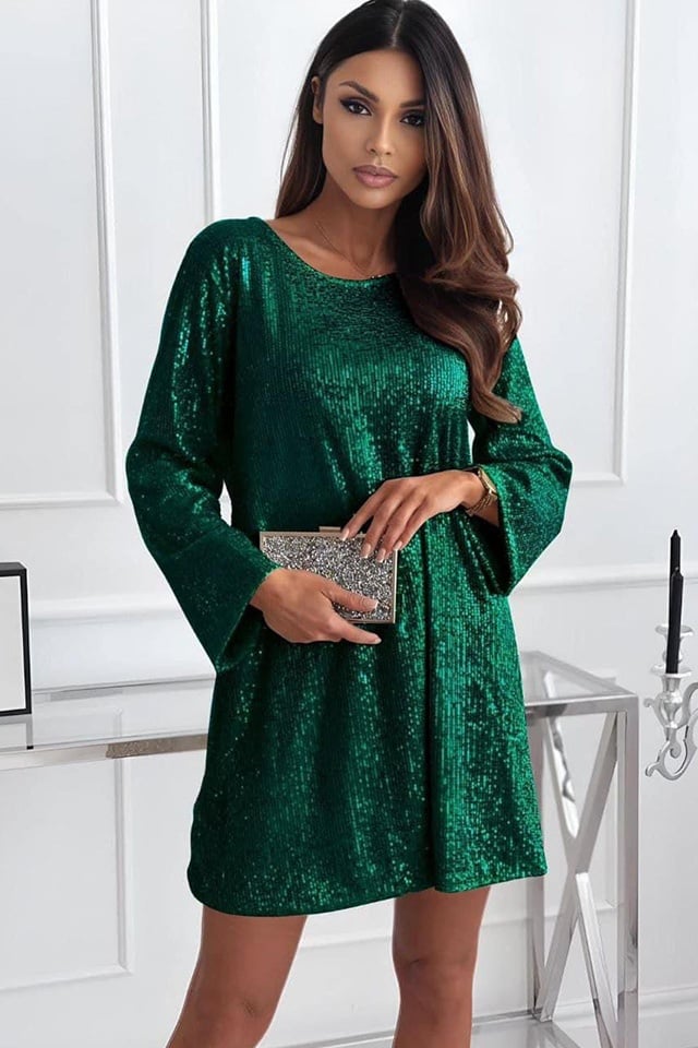 Rochie scurta cu paiete TizHea si funda oversize la spate, Verde, Marime S/M