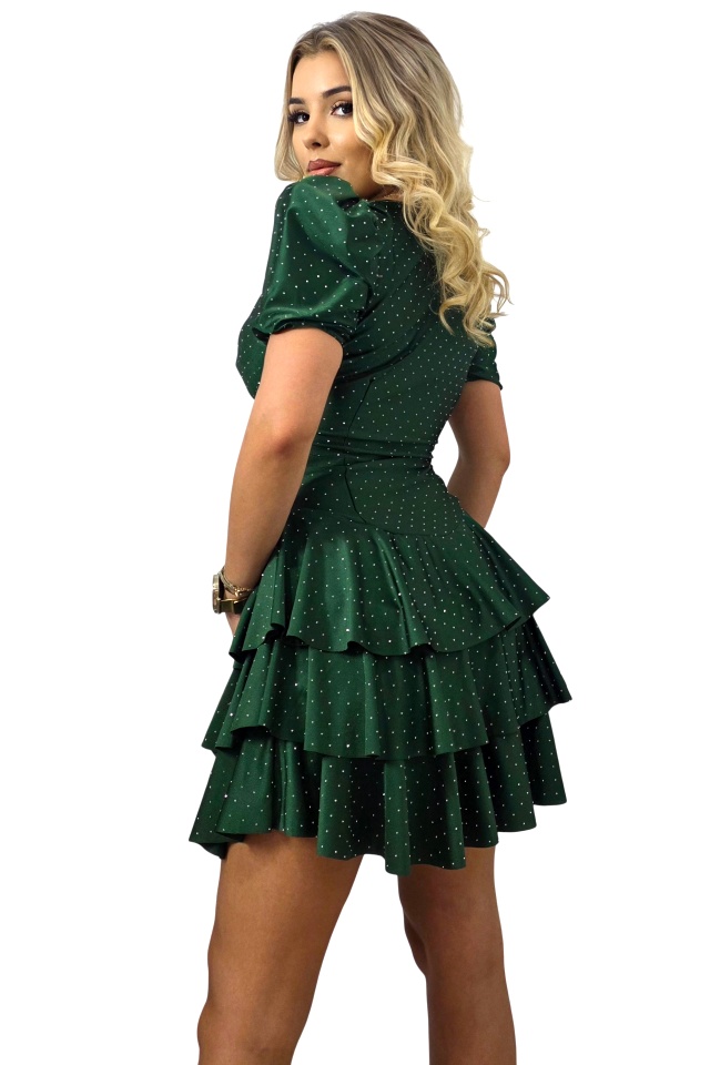 Rochie scurta de ocazie NAYABI, cu volane si cristale, Verde inchis, Marime S/M