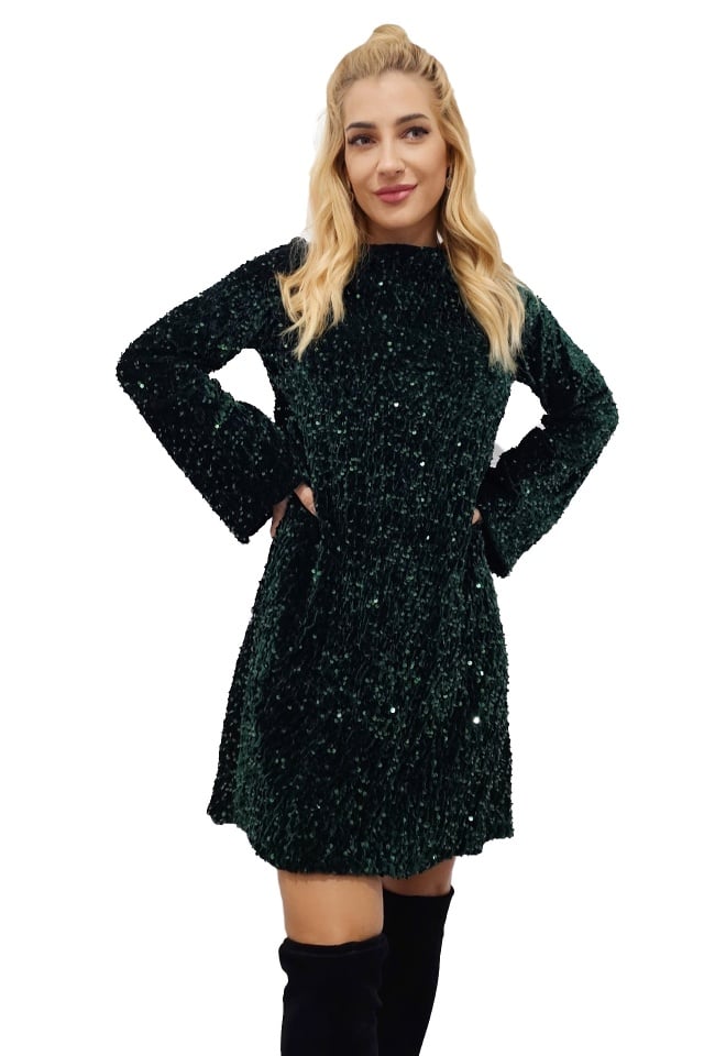 Rochie scurta de seara Tamina, cu paiete si fundita oversize la spate, Verde inchis, Marime S/M