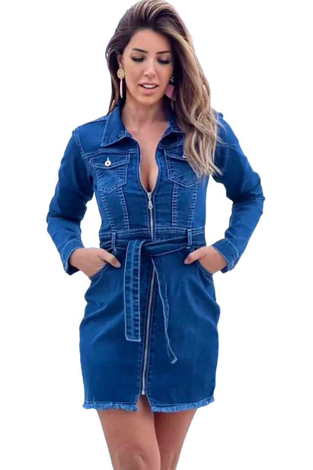 Rochie scurta Deniza, din denim elastic, cu fermoar si cordon, Albastru