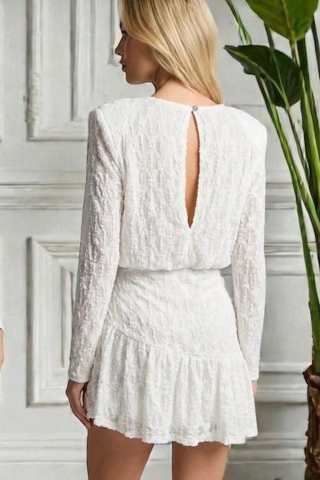 Rochie scurta, din dantela, Lunara, cu volane si elastic in talie, ALB, Marime S/M