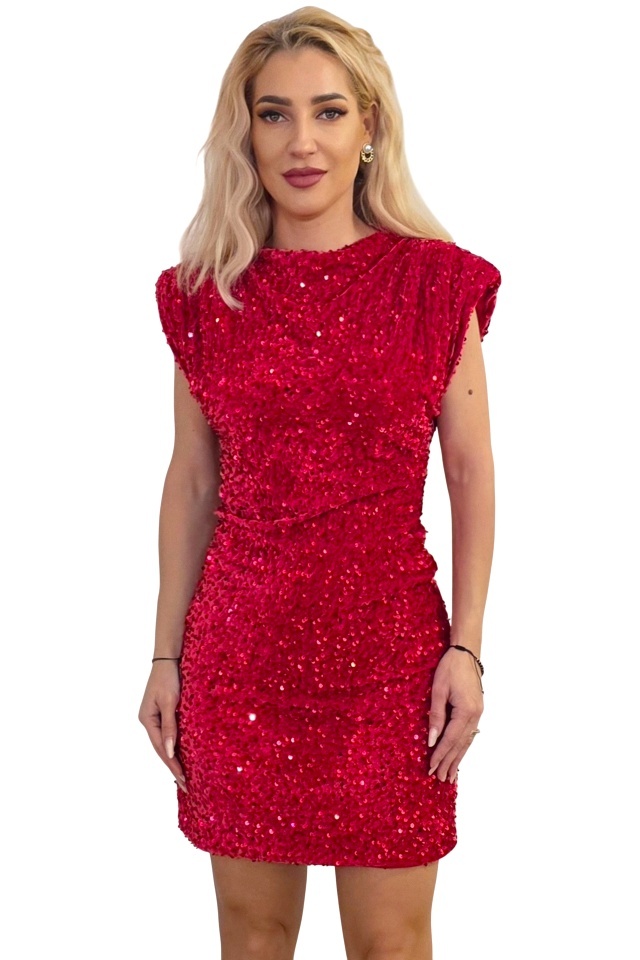 Rochie scurta YsabeLL, cu paiete si umerii supradimensionati, Rosu intens, Marime S/M
