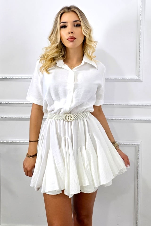 Rochie vascoza cu volane Peony Pearl, tip camasa si curea inclusa, Alb, Marime S/M