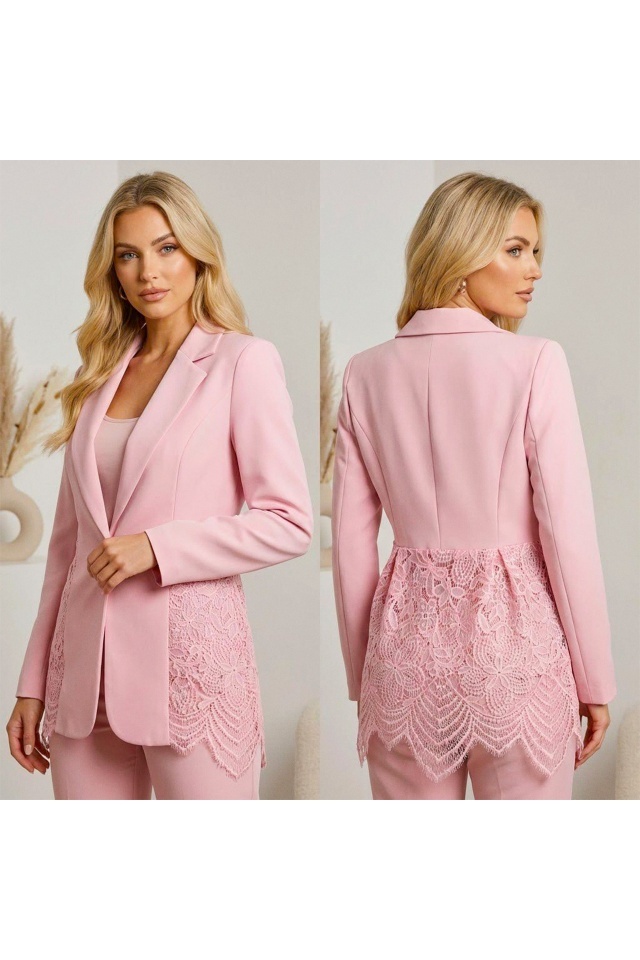 Sacou elegant Roselle, cu panou asimetric din dantela, Roz, Marime S/M
