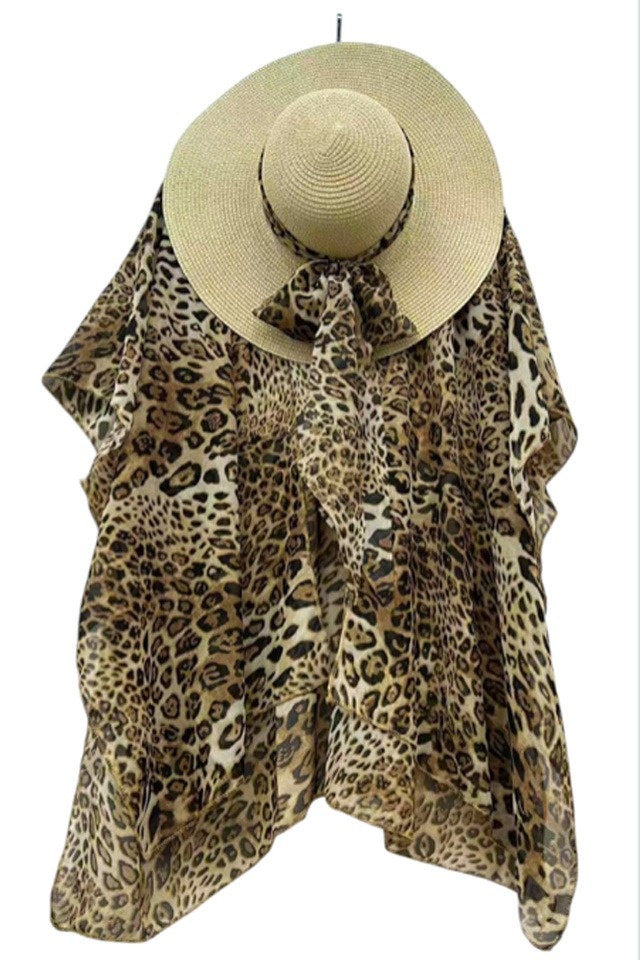 Set de plaja SAMY, tunica si palarie accesorizata cu esarfa, BEJ Leopard, Marime S/M - 1 | YEO