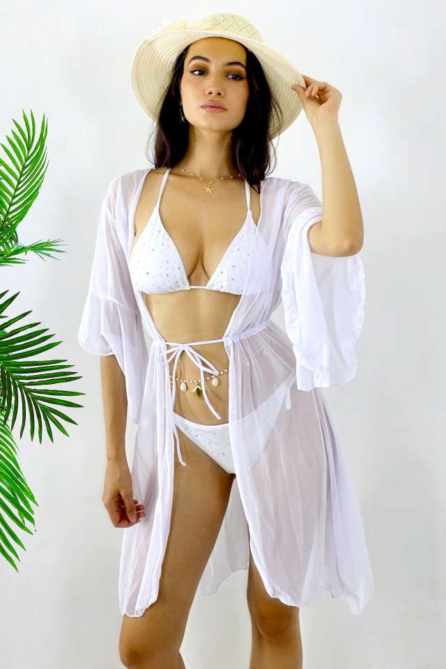 Set de plaja trei piese NaLLa-Zeny, cardigan si costum de baie cu paiete, ALB - 2 | YEO