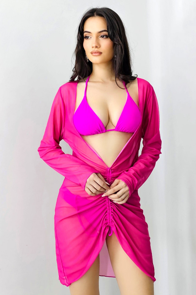 Set de plaja trei piese NAYS, slip, sutien reglabil si rochie asortata, Fucsia