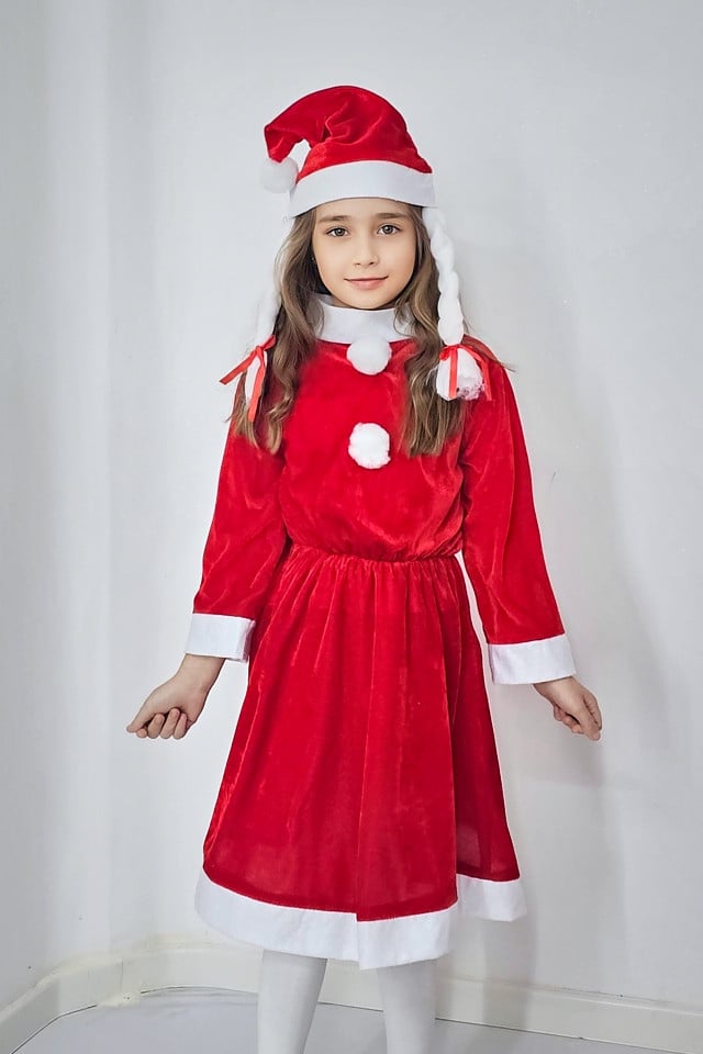 Set rochie Craciunita din catifea, Missy Claus, cu caciula si codite, Marime 3-5 ani - 2 | YEO
