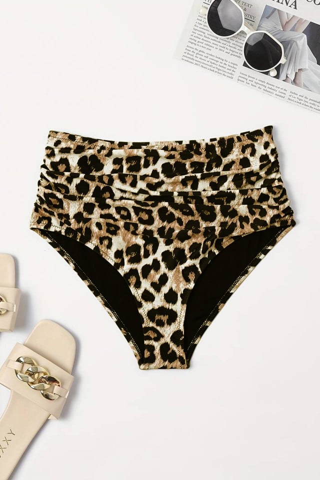 Slip de baie Tankini, cu talie inalta si pliuri asimetrice, Animal print Leopard