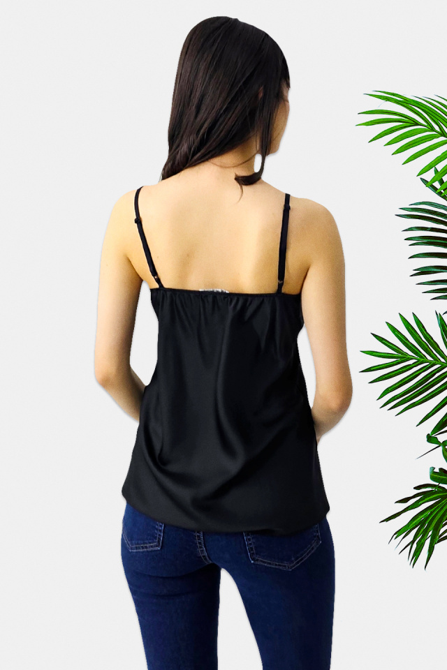 Top din satin Juliana, cu bretele subtiri reglabile si dantela, Negru, Marime S/M - 1 | YEO