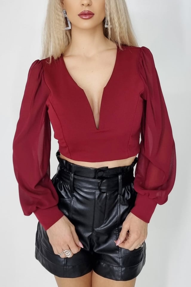 Top scurt Katarina, cu maneci bufante, Bordo, Marime universala S/M