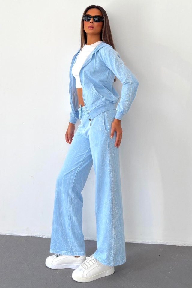 Trening catifea SHIRA, pantaloni lejeri si hanorac cu fermoar, BLEU - 1 | YEO