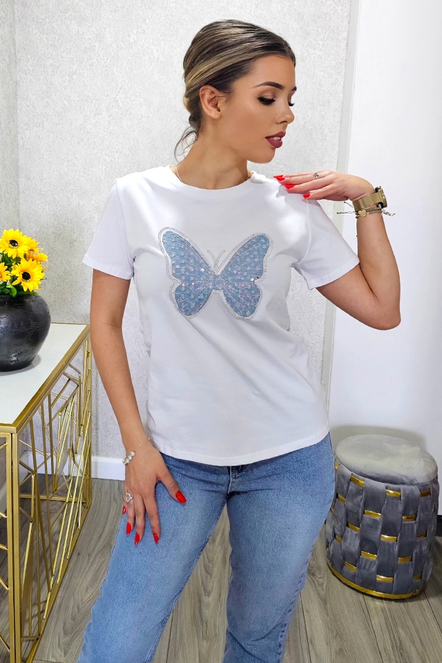 Tricou bumbac AMOO, cu imprimeu si cristale artizanale, Butterfly ALB