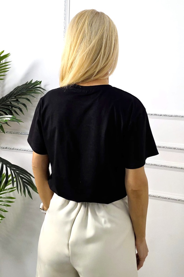 Tricou bumbac NOREA, cu imprimeu fashion si cristale, PURSE Negru, Marime S/M - 2 | YEO