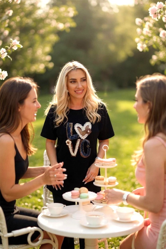 Tricou bumbac NOREA, cu imprimeu in relief, LOVE Negru - 2 | YEO