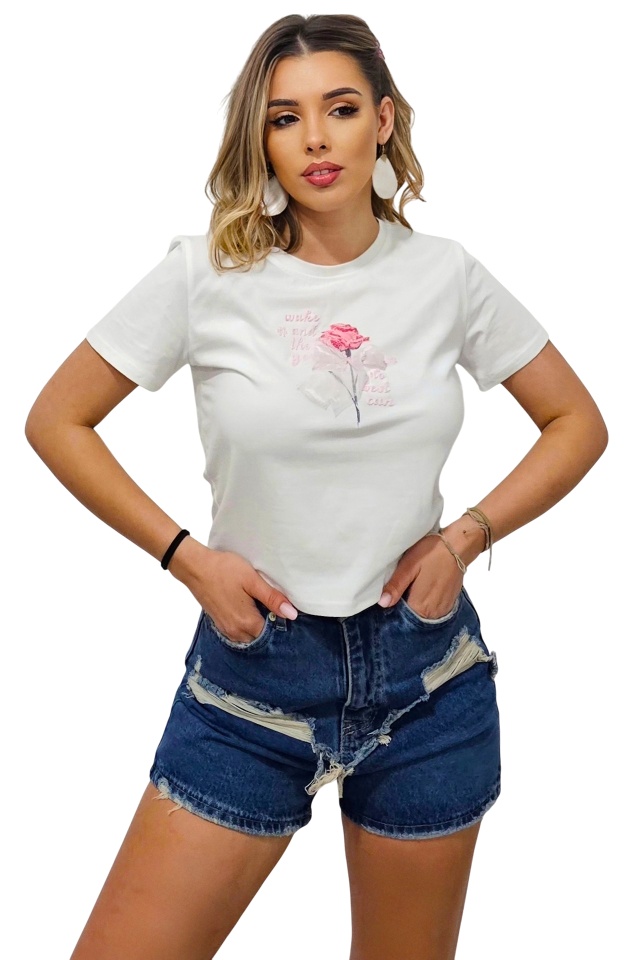 Tricou crop motivational AMOO, cu imprimeu floral si tull, Alb - 2 | YEO