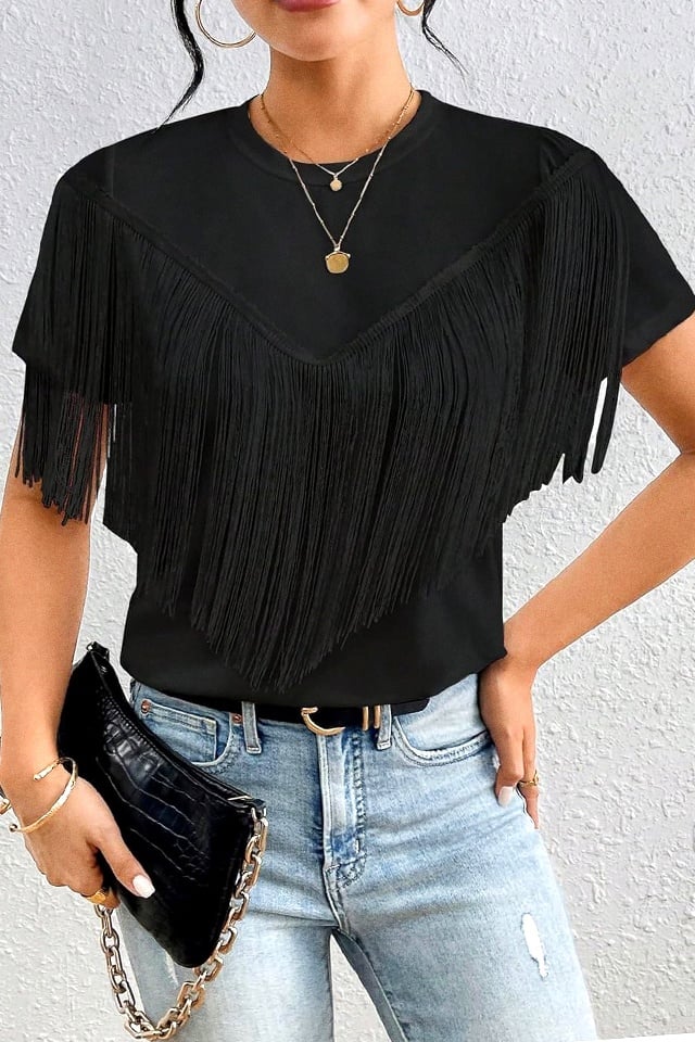 Tricou dama Fringe Chic Tee, cu lungime medie si franjuri asimetrici, Negru